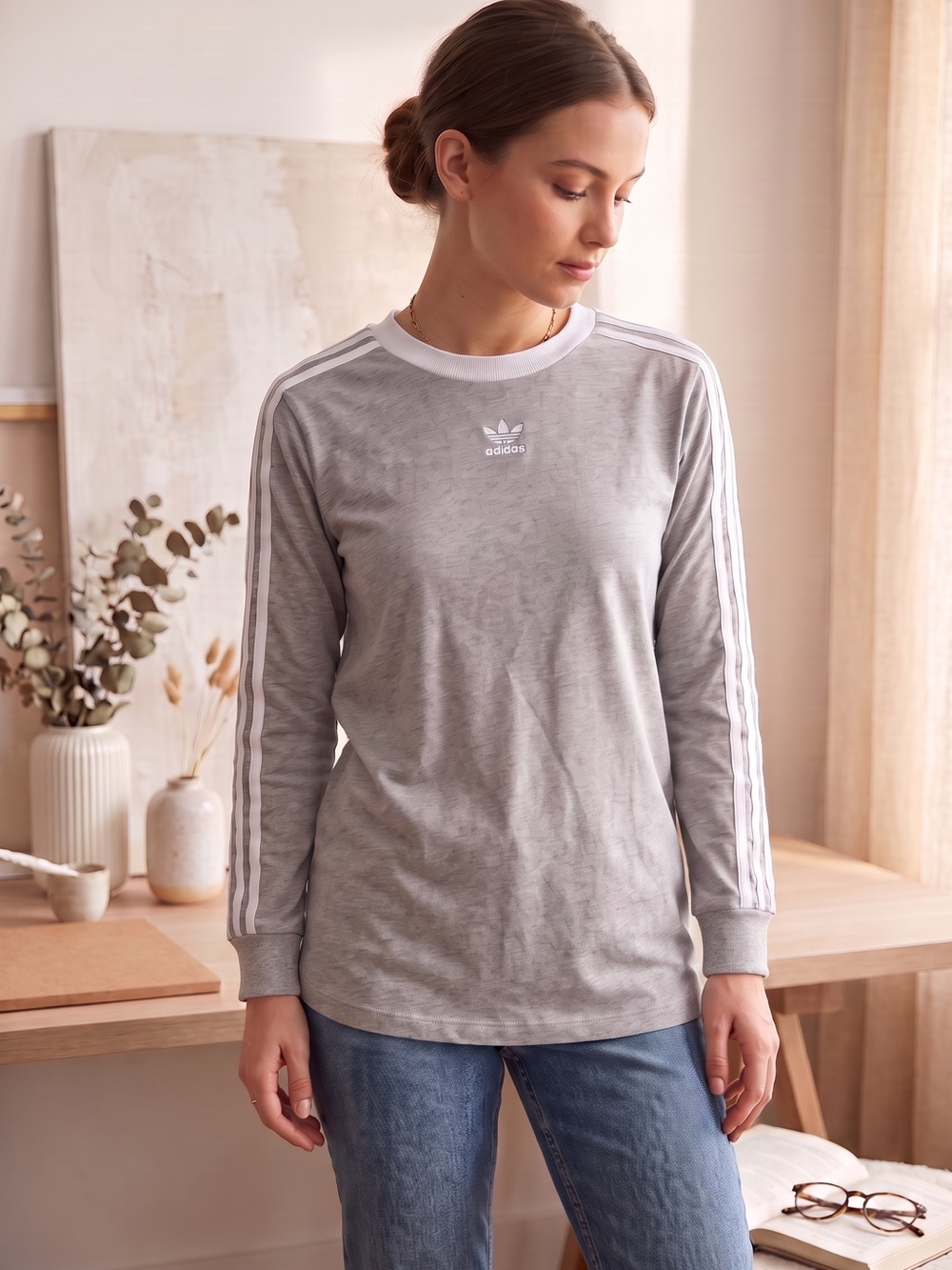 Adidas Gray Long-Sleeve Three-Stripe Crew Tee